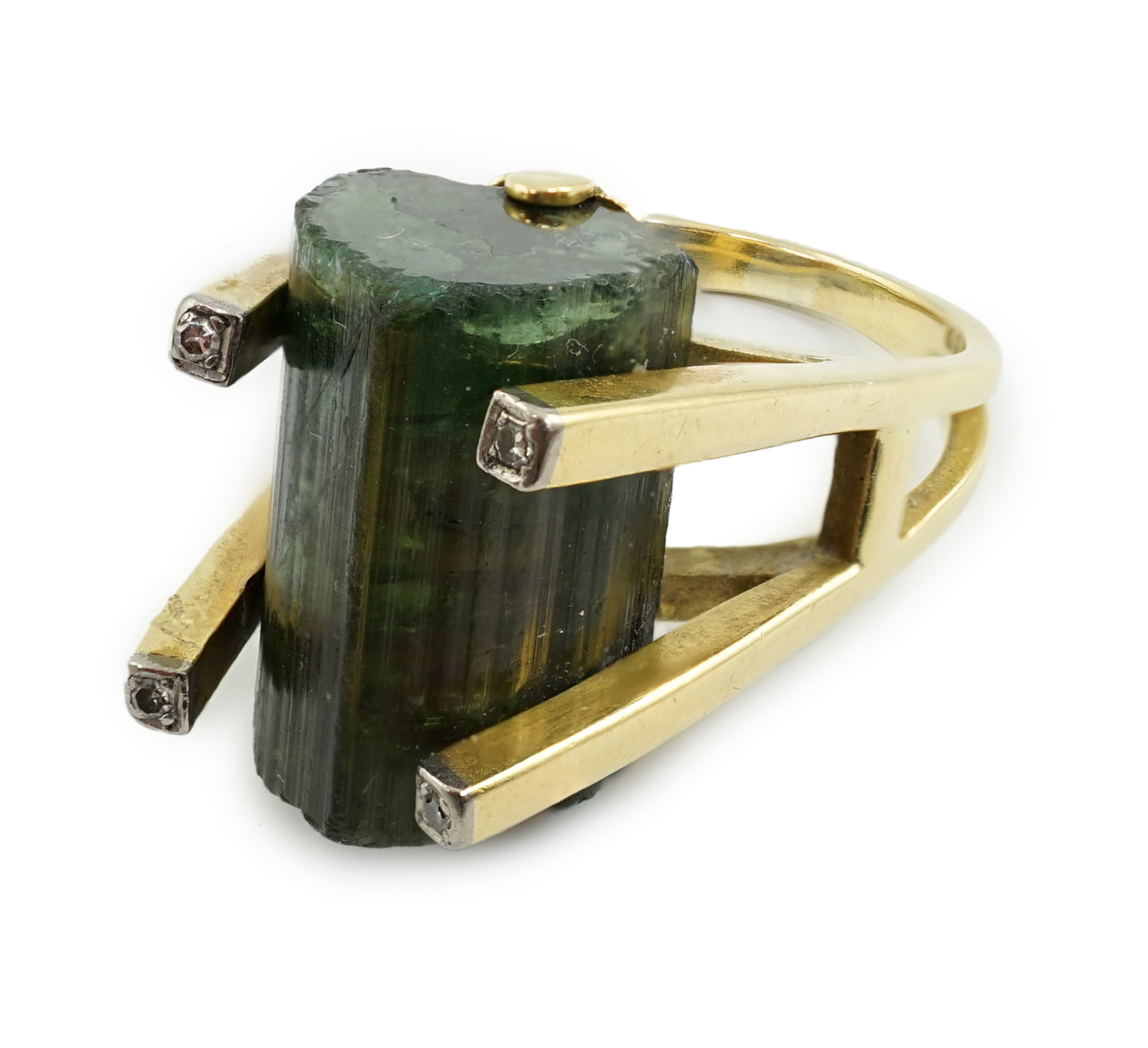 An early 1970's 18ct gold, raw cut watermelon tourmaline? and four stone diamond chip set dress ring